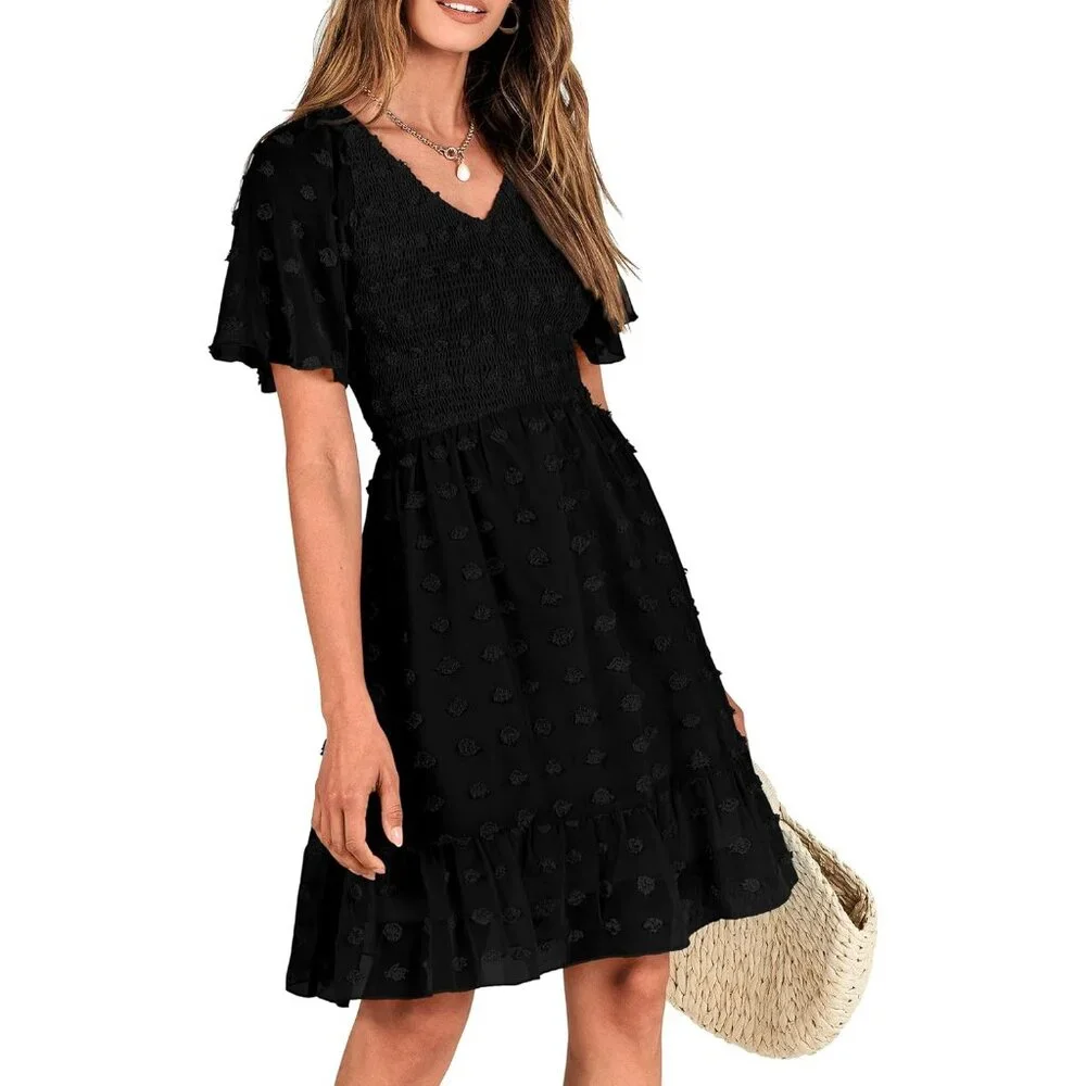 Women's Boho Summer Dress Polyester V Neck Flutter Short Sleeve Ruffled - Picture 6 of 8